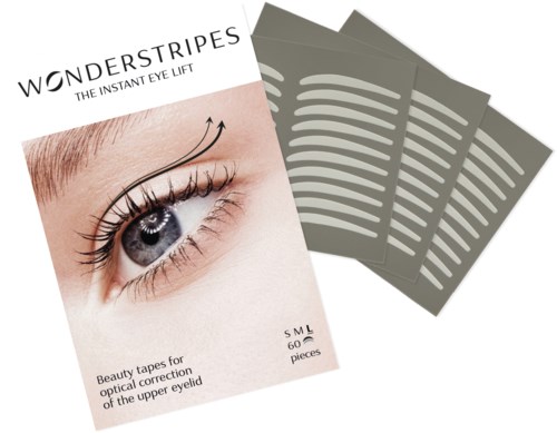 Pakkaus Wonderstripes silmäliinatiivisteitä, sisältäen neljä harmaata nauhaa ja kuva silmästä sekä tuotetiedot.