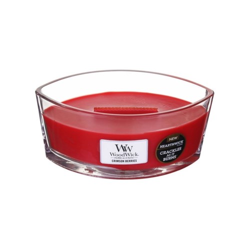 A red candle in a glass holder with a WoodWick label, scented with crimson berries.