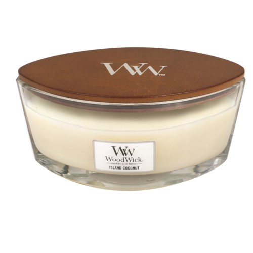 A glass jar with white candle, a wooden lid with a logo, and a label that says WoodWick Island Coconut.