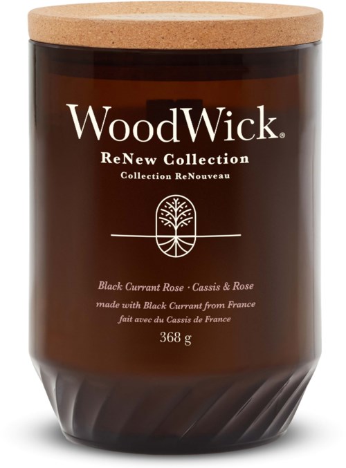 En mörkbrun ljusbehållare med trädskyddsluck, märkt 'WoodWick ReNew Collection' och doftande av svartvinbärsros.