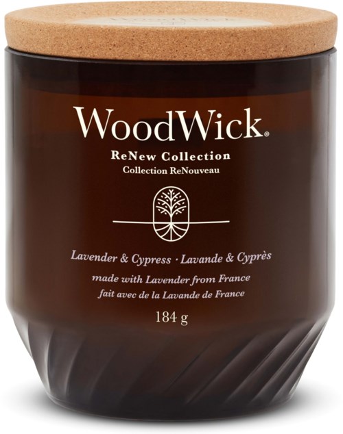 A dark jar with a wooden lid, labeled WoodWick lavender candle made in France, weighing 184 grams.