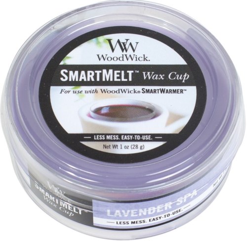 En lila behållare med WoodWick SmartMelt vaxkoppar med lavendeldoft, för enkel användning med WoodWick smarta värmare.