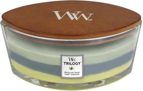 En ljus med lock i trä, gröna, gula och grå ränder, och en etikett som säger 'W&W Trilogy Woodland Shade'.