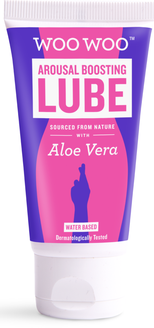 En lila och rosa tub märkt Woo Woo Arousal Boosting Lube med Aloe Vera, vattenbaserad, dermatologiskt testad.