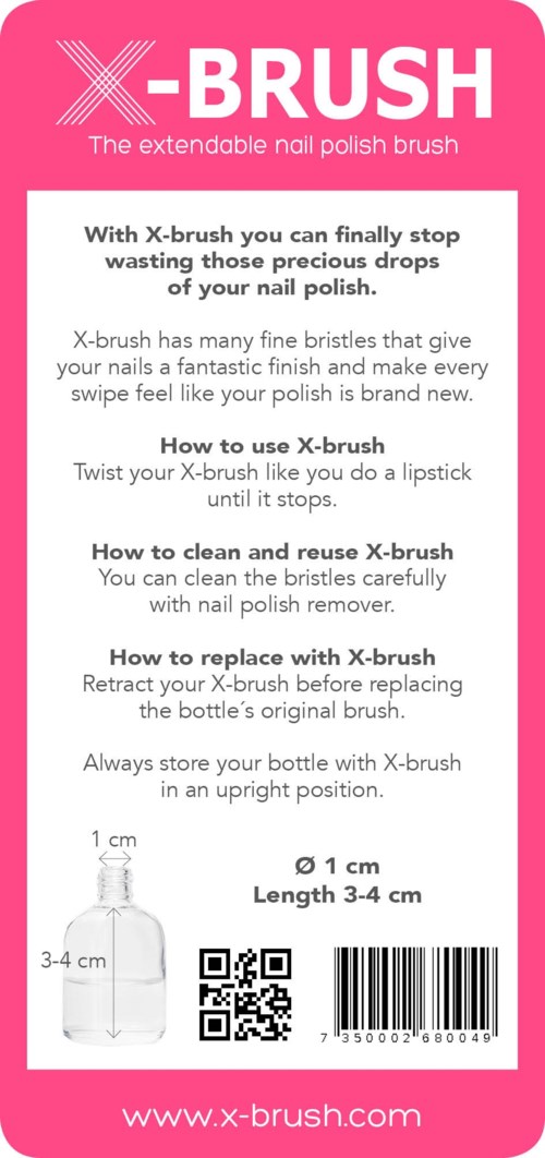En rosa förpackning för en X-Brush nagellacksapplikator med användningsinstruktioner och en streckkod.