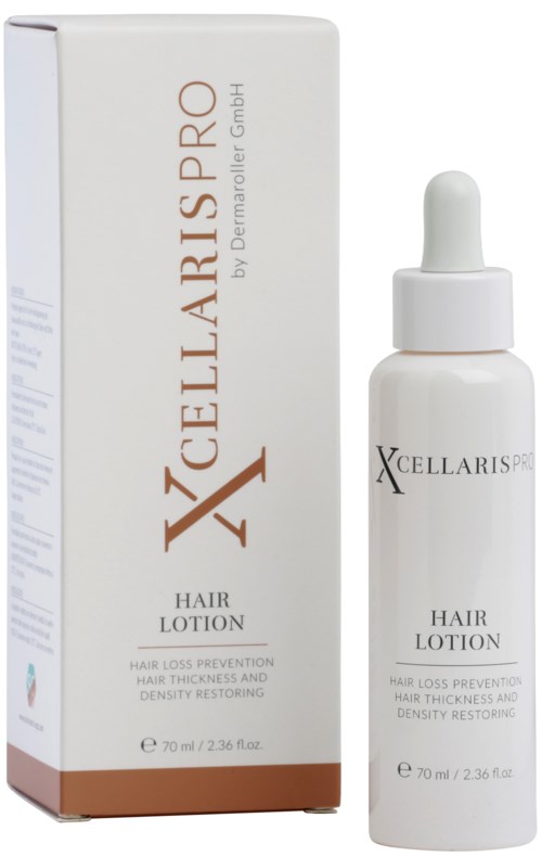 En vit flaska med pipett och matchande förpackning, båda märkta 'X Cellaris Pro' hårlotion, 70 ml, för håravfall.