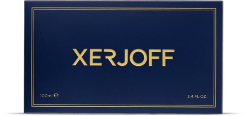 Tummansininen laatikko, jossa kultainen teksti 'XERJOFF' ja reunus, sisältää hajuvettä.
