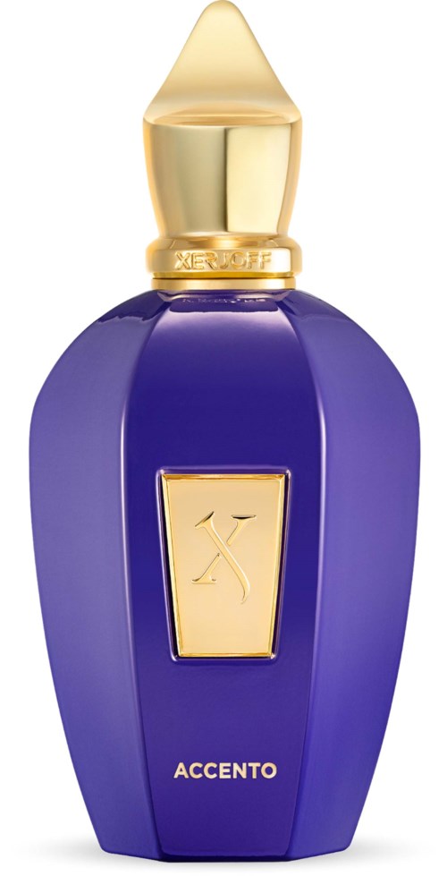 Violetti hajuvesipullo kultaisella suukappaleella ja pienellä kultaisella logolla. Sana 'ACCENTO' on alalaidassa.