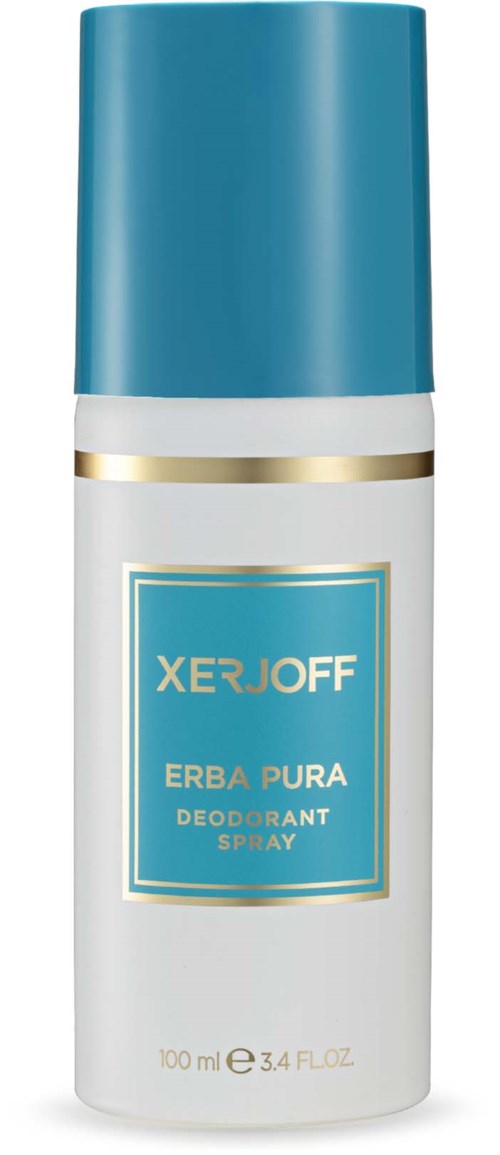 En vit sprayflaska med blå kork, märkt Xerjoff Erba Pura deospray, 100 ml.
