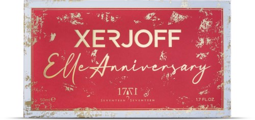 En röd och vit box med text som firar Xerjoff Elles 17-års jubileum, inklusive produktdetaljer och varumärke.
