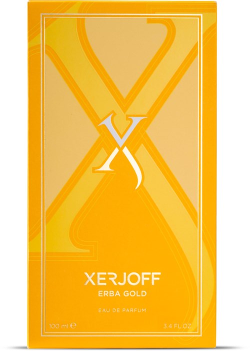 En gul parfymbox med vit text som säger "XERJOFF ERBA GOLD" och "EAU DE PARFUM."