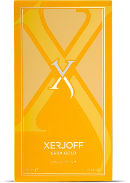Det här är en parfymförpackning i gul och orange färg med texten 'XERJOFF ERBA GOLD' och produktinformation.