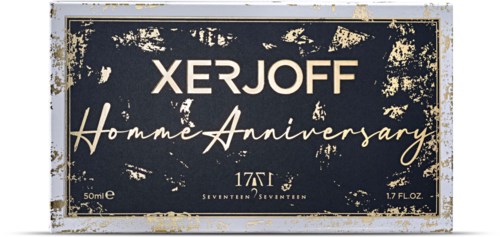 Logotyp med orden "XERJOFF Home Anniversary" på en mörk, sliten bakgrund.