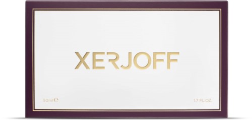En box med ordet 'XERJOFF' i guld, vit bakgrund, lila kant, och liten text med volymdetaljer.