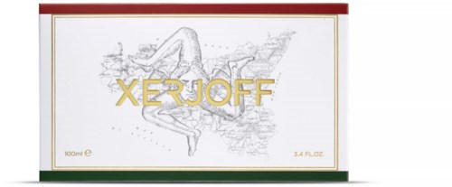 Eine Kosmetikverpackung mit einer Skizze einer liegenden Frau, der Markenname XERJOFF in großen goldenen Buchstaben.