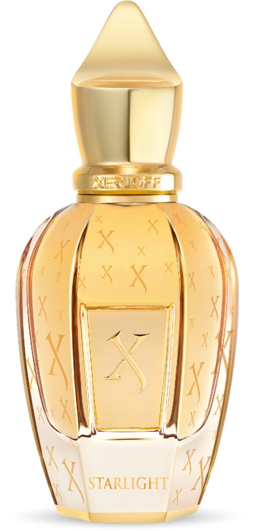 Een gouden parfumfles met een ronde, sierlijke vorm en een spits topje. Het heeft decoratieve markeringen en het woord "STARLIGHT".