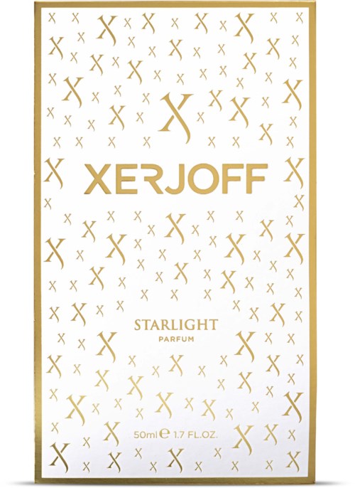 Parfumbox met merk 'XERJOFF', met patroon van X's en naam 'STARLIGHT PARFUM' in goud.