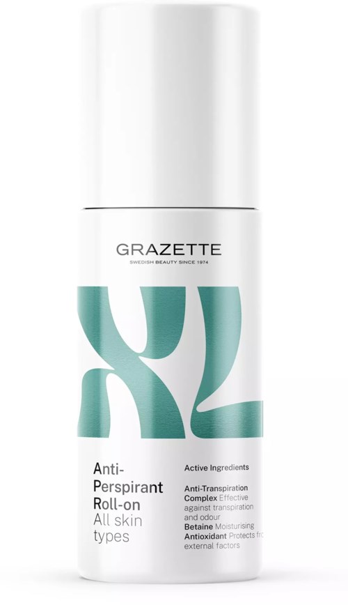 En vit roll-on-deodorantflaska med gröna texter och etiketter för alla肌typer och antiperspirant skydd.