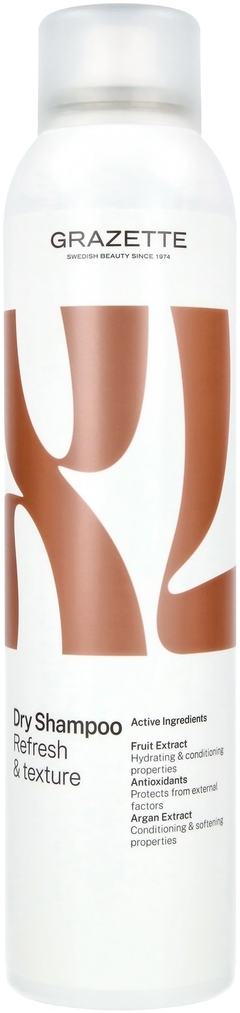 Een witte fles met het label Grazette Droogshampoo met bruine letters, ontworpen voor verfrissing en textuur voor haar.
