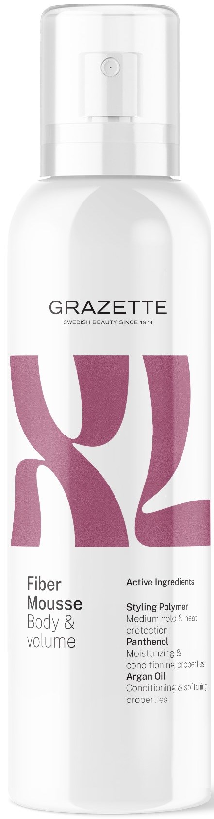 En hvit flaske med rosa og svart tekst, merket GRAZETTE fiber mousse for kropp og volum, med sprayhode.