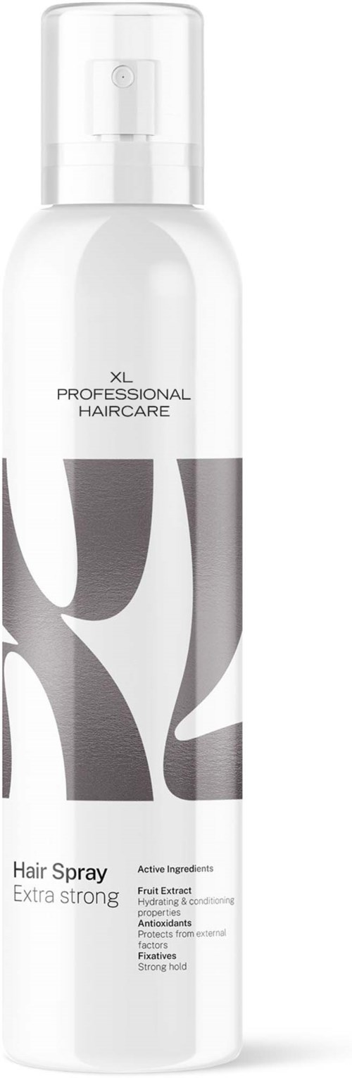White spray bottle with black and grey text and design for XL Professional Haircare Hair Spray Extra Strong.