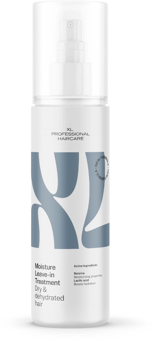 Vit sprayflaska märkt fuktgivande leave-in behandling för torrt och uttorkat hår. Innehåller aktiva ingredienser som biotin och elastisk syra.