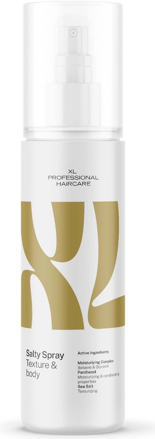 En vit sprayflaska med guld- och svart text för Salty Spray Textur & Body hårvårdsprodukt.