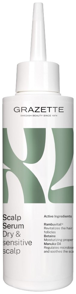 A white and green bottle of scalp serum with a pointed nozzle, labeled as for dry and sensitive scalps.