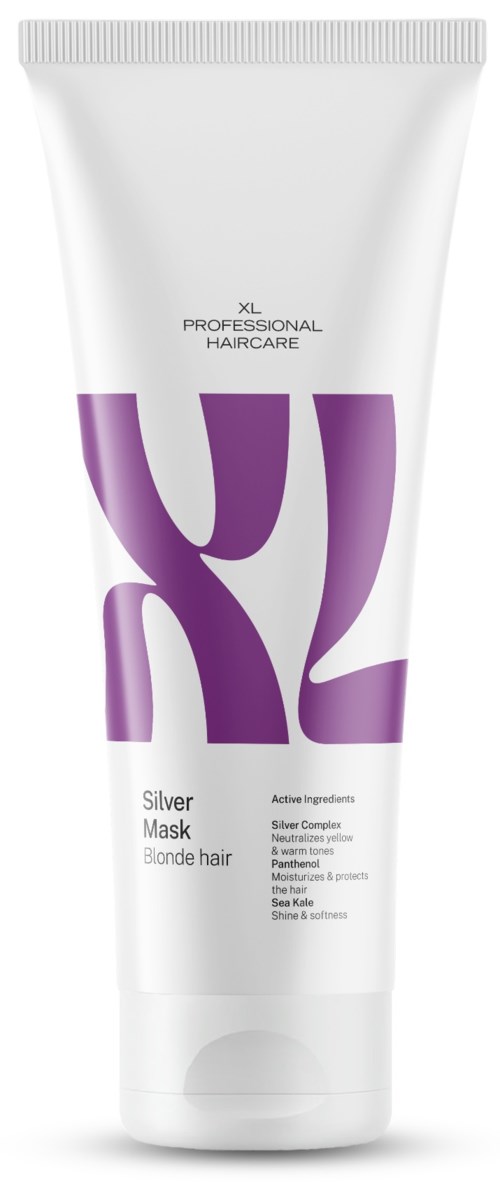A white tube shampoo with purple design reads Silver Mask Blonde Hair for professional hair care.