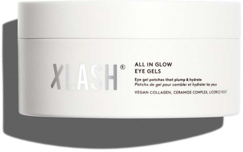 En hvit beholder merket Xlash All in Glow Eye Gels, som skal hydrere og fylle øynene med vegansk kollagen.