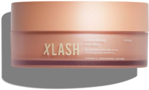 A jar of eye gel called XLASH, with ingredients like Vitamin C, Niacinamide, and Caffeine, designed to reduce dark circles.