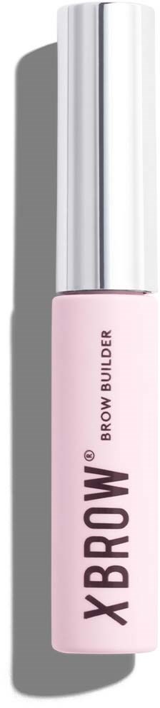 Een roze wenkbrauwgel tube met zilveren dop, gemerkt "Xbrow Brow Builder".