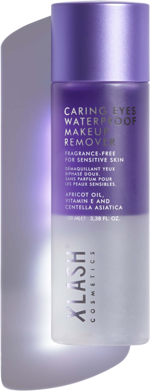 En lila och vit flaska med vattenfast makeupremover för ögonfransar, med varumärkesnamn och produktinformation.