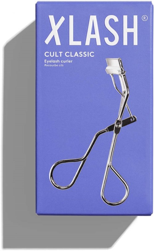 Een blauwe doos met een wimperkrul-instrument genaamd XLASH Cult Classic.