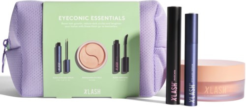 Meikkipakkaus, jossa on pieni lila laukku, ripsiväri, eyeliner, poskipuna ja pyöreä rasia, kaikki XLASH-merkitty.