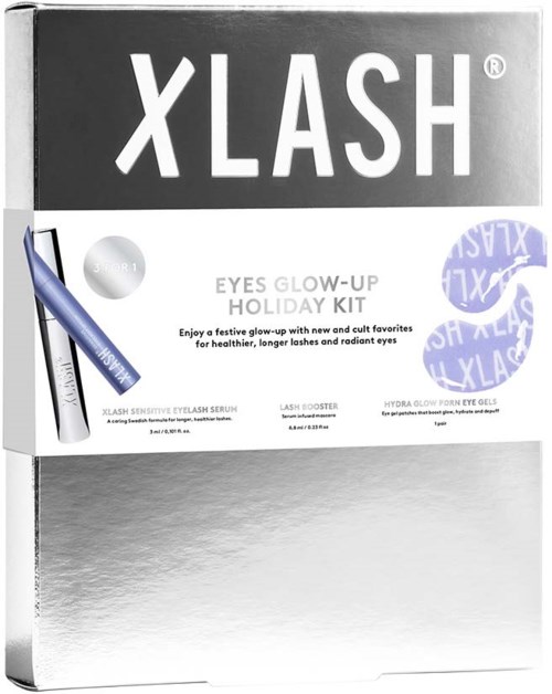 Doos met XLASH Eyes Glow-Up Kit met serum, wimperversterker en hydro glow ooggel. Wit en paars pakket.