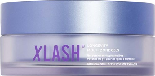 Et krus med Xlash longevity multi-zone gels med lilla og sølvetiketter, designet til hudklatter og udtrykslinjer.