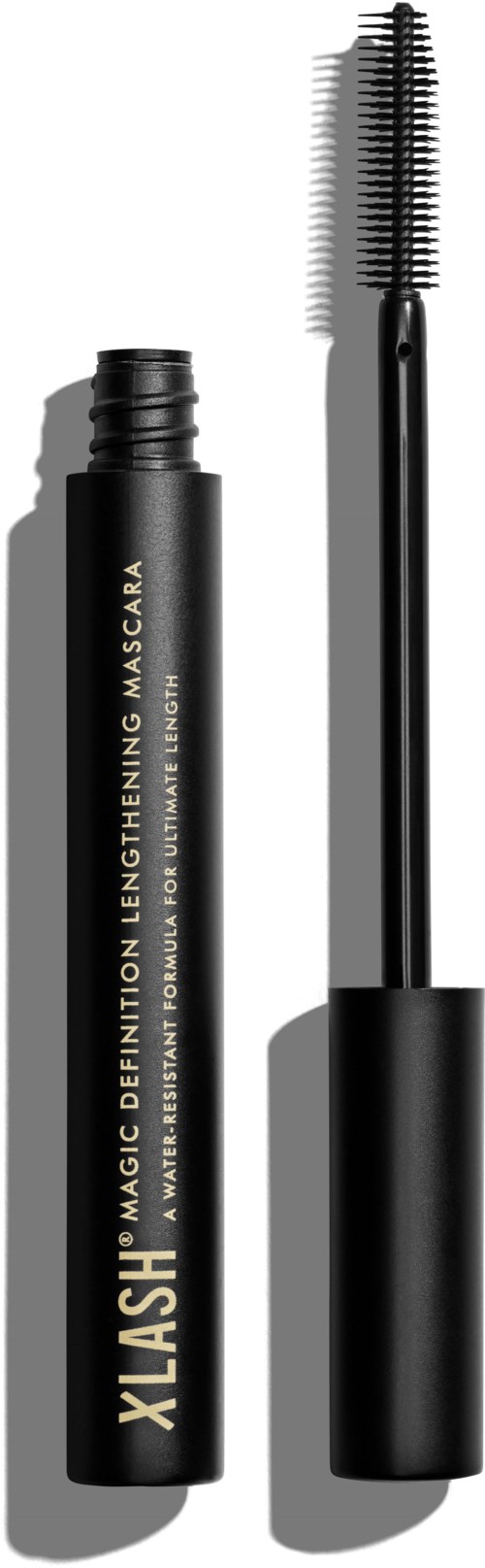 Black mascara tube and wand with a curved brush, standing upright on a white background.