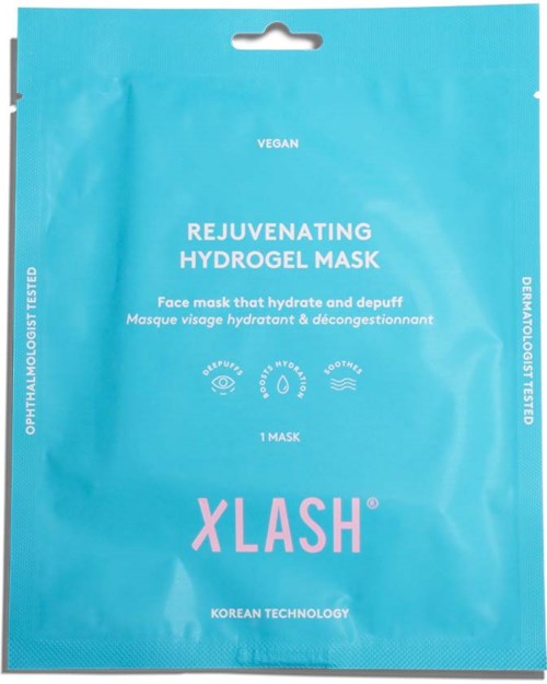 Veganskt återfuktande hydrogelmaskförpackning, blå färg, med produktdetaljer och varumärket XLASH.