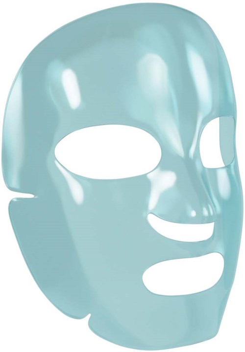 En glänsande, ljusblå ansiktsmask med hål för ögon, näsa och mun, avsedd för hudvård eller skönhetsbehandling.