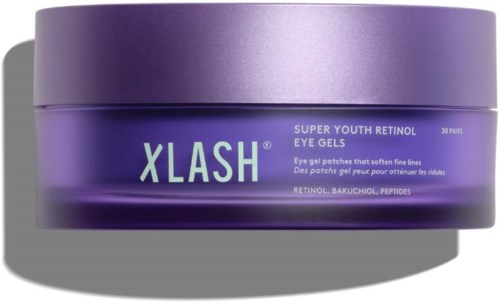 Ein lila Behälter mit Xlash Augen-Gels, mit Produktname und Beschreibung auf dem Etikett.