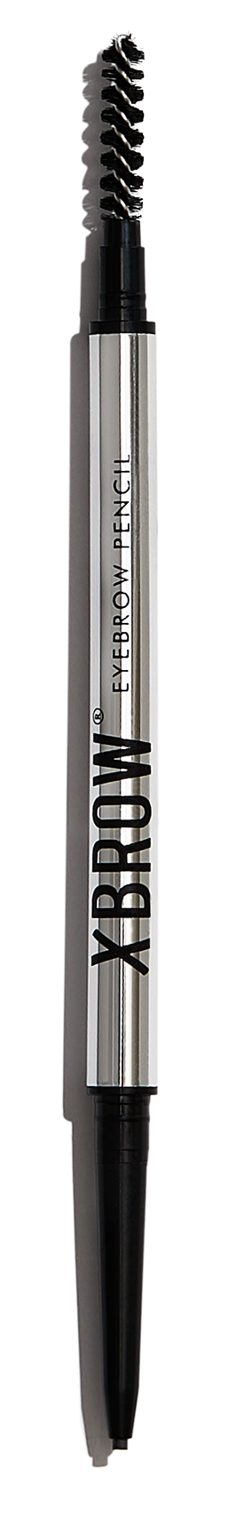A dual-ended eyebrow pencil, one side with a spoolie for grooming and the other side with a pencil for filling.