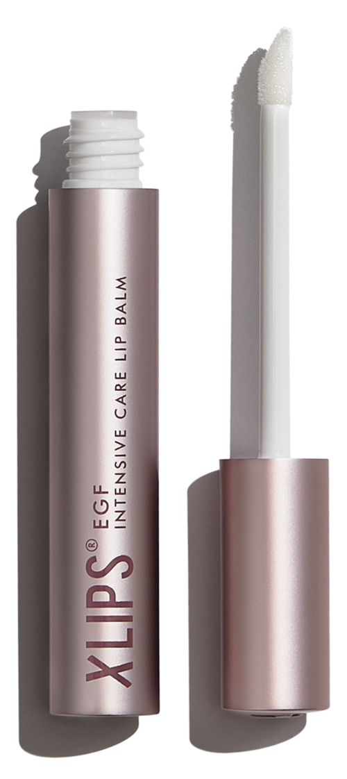 Lip balm tube with a white applicator stick and silver body, labeled "Xlips EGF Intensive Care Lip Balm."