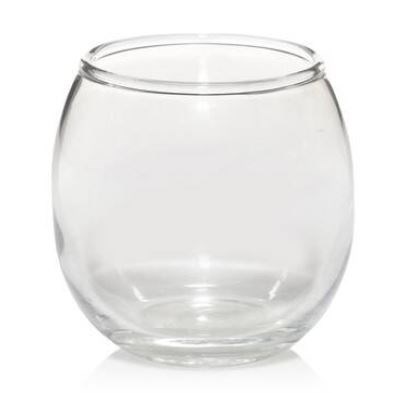 En klar, rund glas skål utan dekorationer eller innehåll.