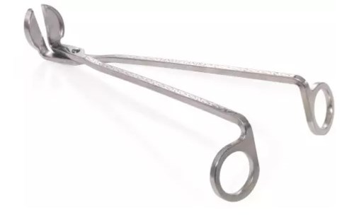 Ett metallverktyg för medicinskt bruk med två cirkulära handtag och en lång, rak arm som binder samman dem.