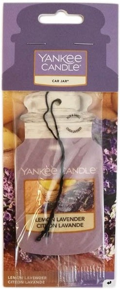 Yankee Candle bil-jar med citron och lavendel doft, visas i lila och gult förpackning.