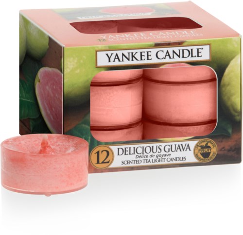 En låda med 12 rosa doftande tesljus kallade Delicious Guava, med ett fönster som visar ljusen inuti.