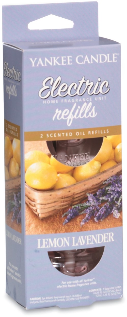 En box med Yankee Candle elektriska påfyllningar i citron lavendel doft med gula citroner och lavendelfloret på förpackningen.
