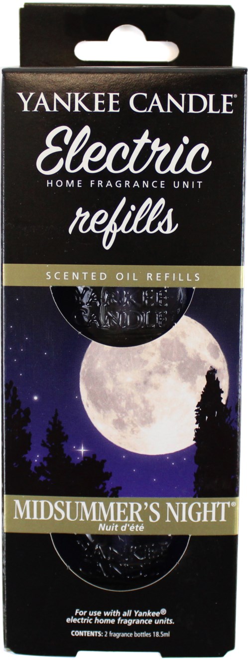 En svart eske med fullmånete scene, trær og ordene 'Yankee Candle Electric Refill' pluss duftenavn 'Midsummer's Night.'
