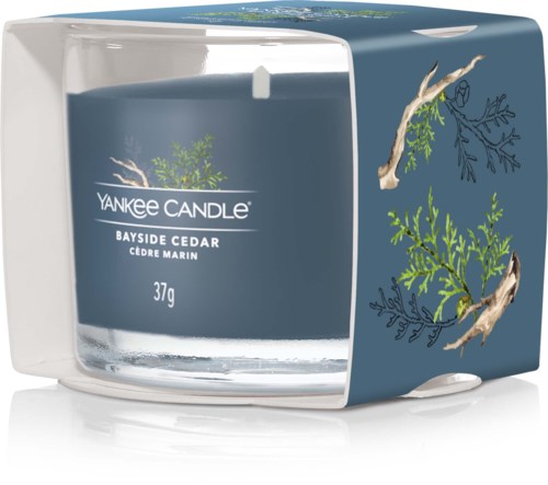 En blå doftljus märkt 'Bayside Cedar' i ett genomskinligt förvaringsbehållare. På förpackningen finns en design med grenar och blad.